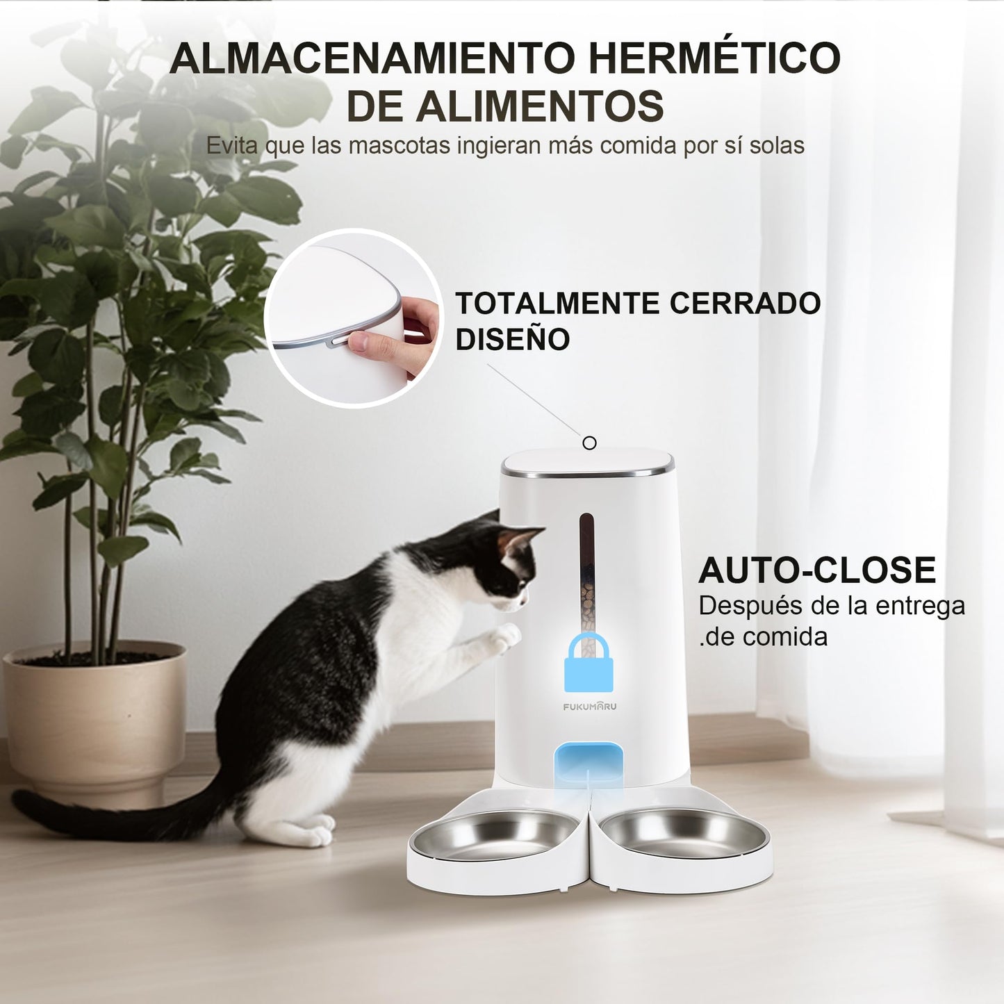 FUKUMARU Comedero Automático WiFi, 4L, con Dos Cuencos, Programa Personalizado, Funciona con Pilas/Cable Eléctrico, Blanco