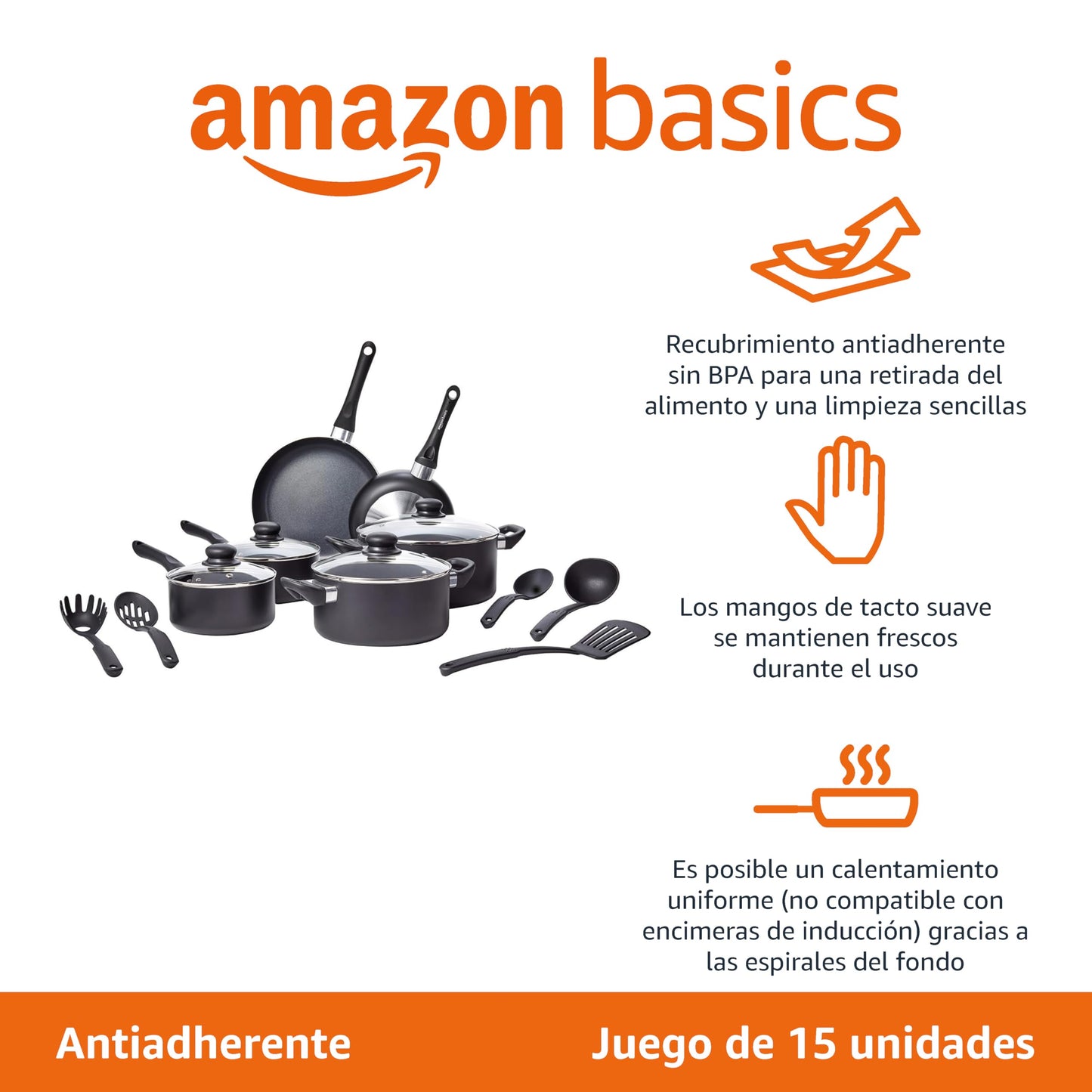 Juego de Utensilios de Cocina Antiadherentes, 15 Piezas, Negro