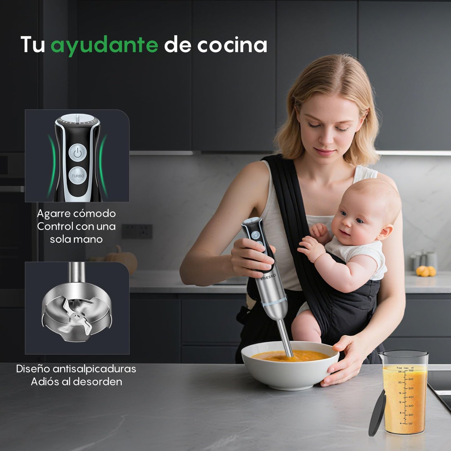 FRESKO Batidora de Mano, 1000W, 12 Velocidades + TURBO, Acero Inoxidable, Incluye Vaso Medidor 700ml