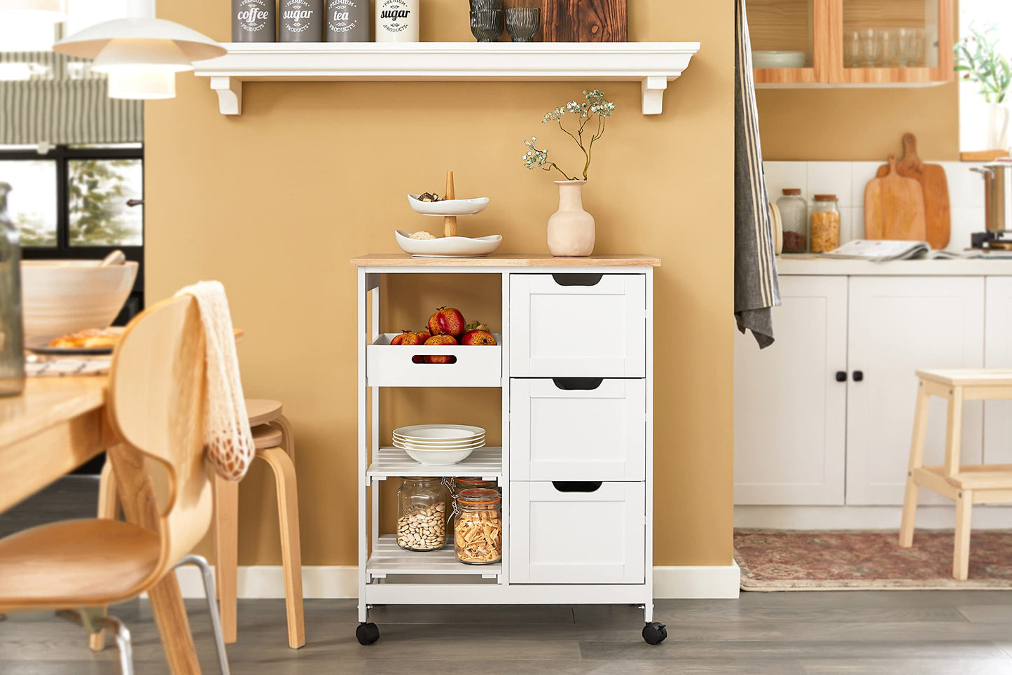 SoBuy Carro de Almacenamiento/Mueble Auxiliar de Cocina, Carrito de Servir, con 3 Cajones y 3 Estantes, Blanco, 68 x 38 x 85 cm