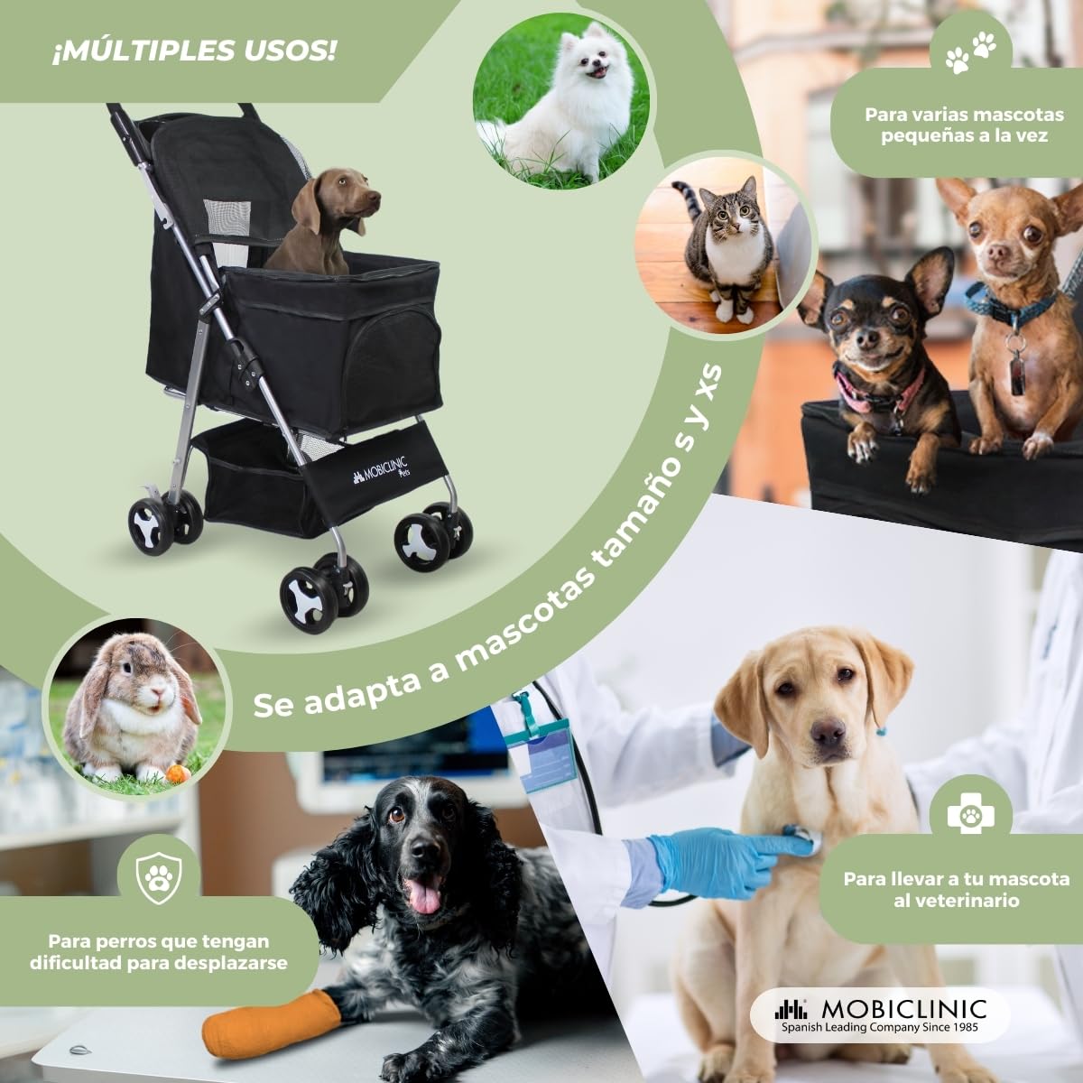 Mobiclinic® pets Carrito Plegable (Zuma), para Perros Pequeños/Senior, Hasta 15 kg, Ruedas 360º con Frenos, Cesta XXL, Negro