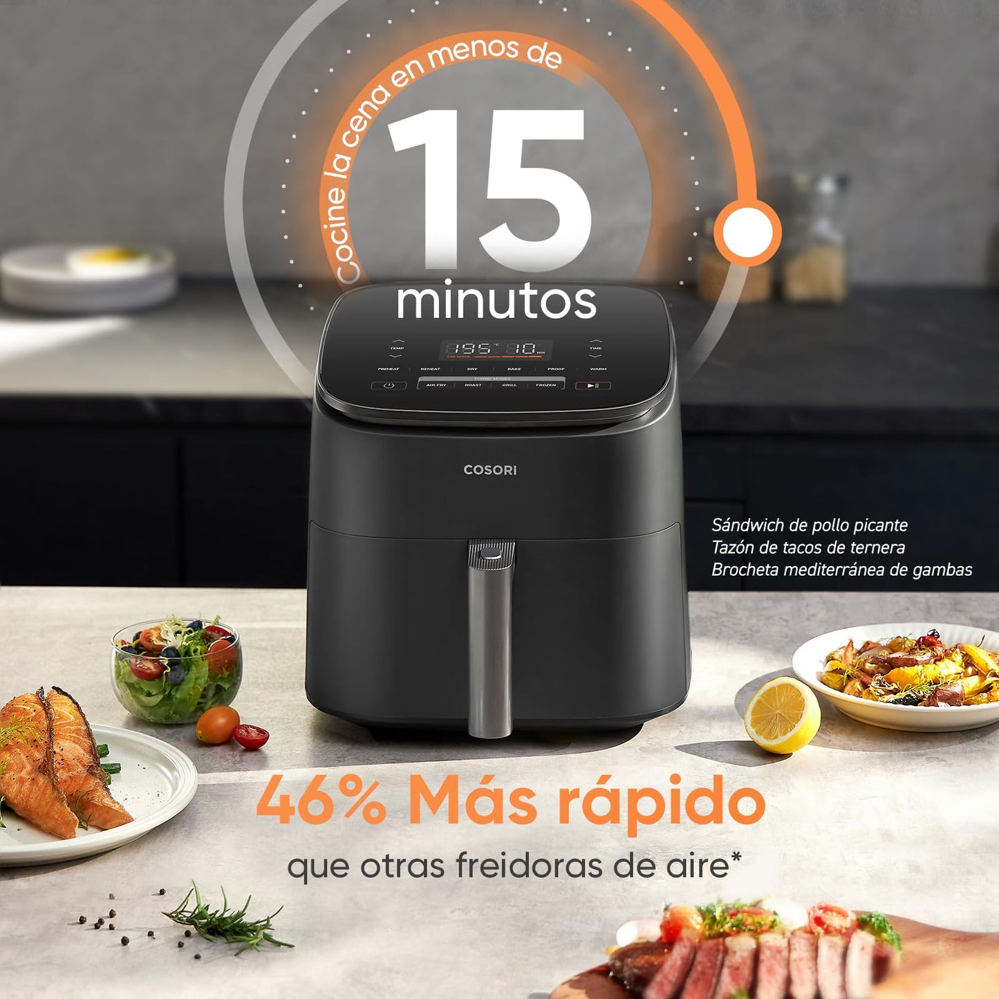 Cosori Freidora de Aire Turbo Blaze 6L, Interior Metálico, Motor DC Exclusivo, 46% Más Rápida, 30°C-230°C, Programas Completos, 27dB Silencioso
