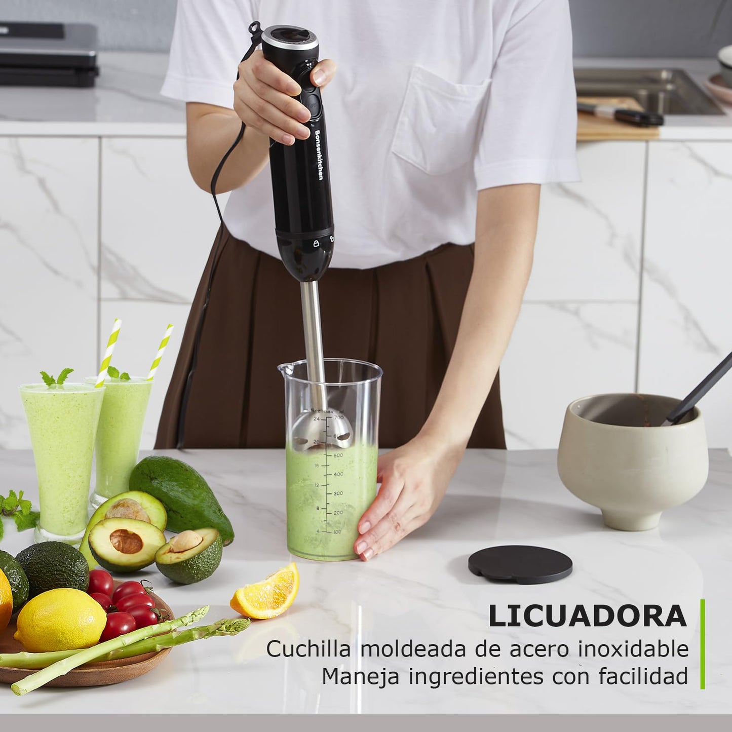 Bonsenkitchen Batidora de Mano, Acero Inoxidable 1000 W, Velocidades Variables, para Sopa, Batidos, Puré, Negro