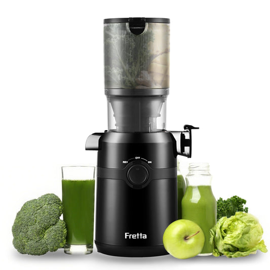 Fretta Extractor de Zumos (Licuadora Prensado en Frío), Apertura 108MM, 1L, 200W Slow Juicer, Fácil Limpieza, Negro