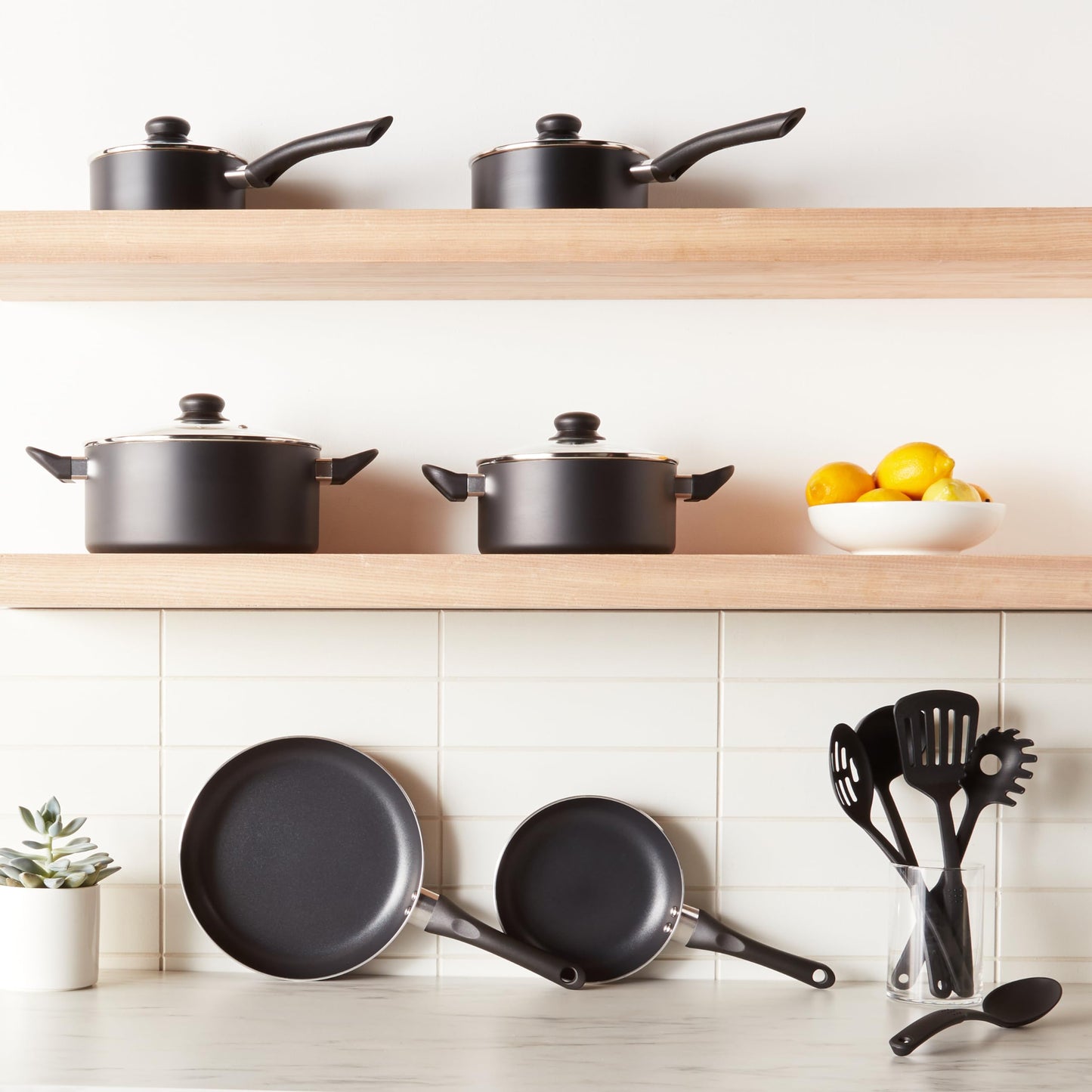 Juego de Utensilios de Cocina Antiadherentes, 15 Piezas, Negro