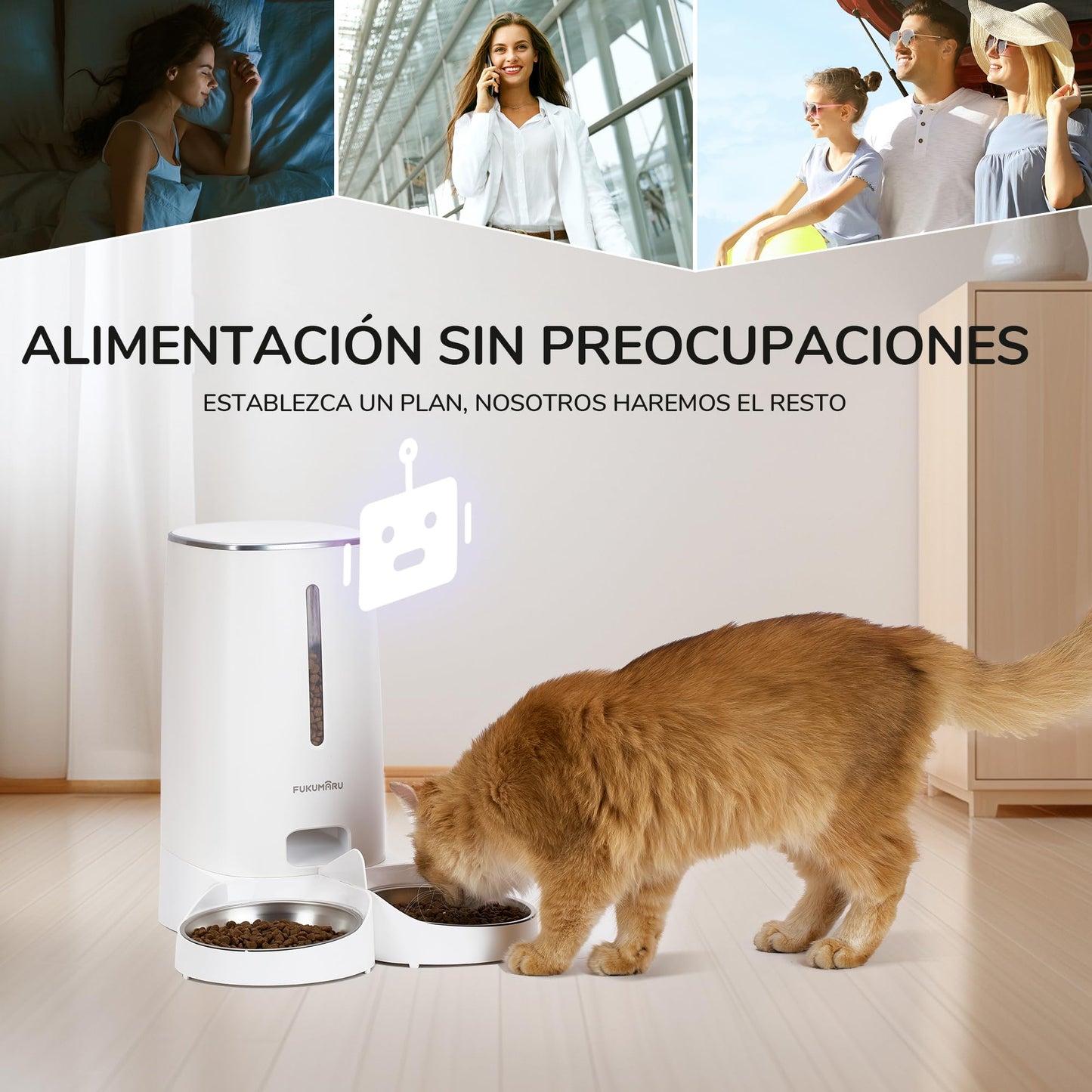 FUKUMARU Comedero Automático WiFi, 4L, con Dos Cuencos, Programa Personalizado, Funciona con Pilas/Cable Eléctrico, Blanco