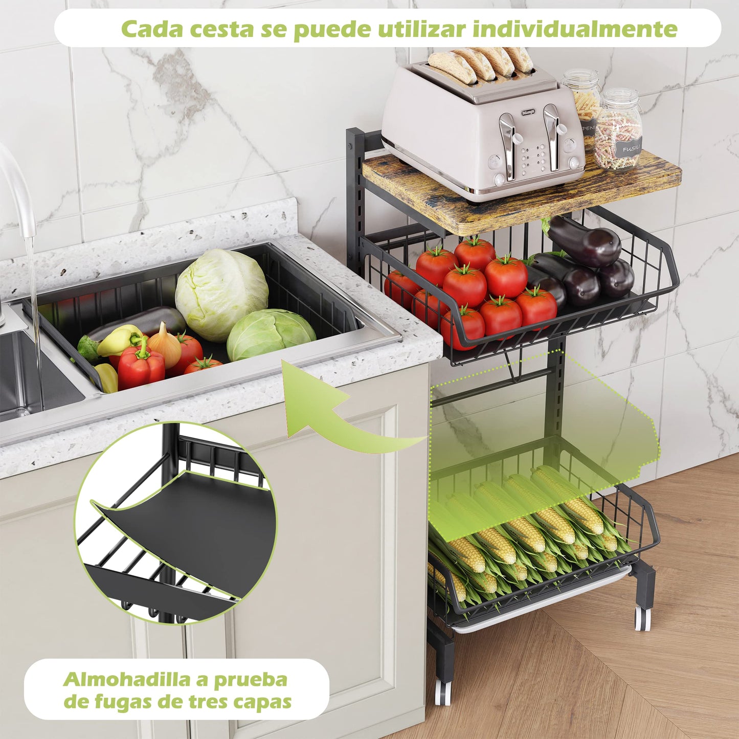 COVAODQ Carrito Cocina, Carro 4 Niveles, con Cesta y Ruedas Bloqueables, para Hogar/Restaurante (Tabla de Madera)