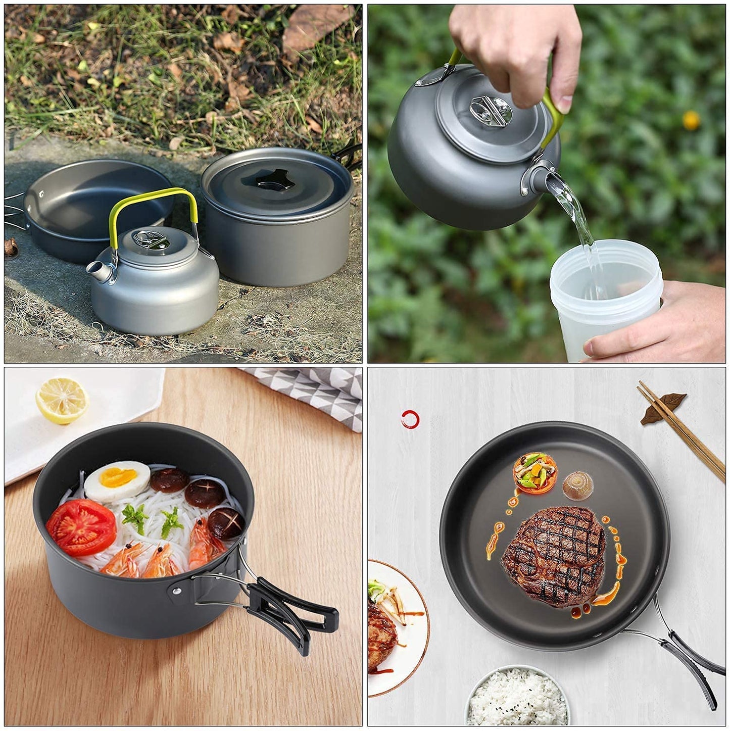 Qtiwe Utensilios de Cocina para Acampar (Camping Cookware Outdoor Libre), Ollas de Aluminio Ligero Plegables