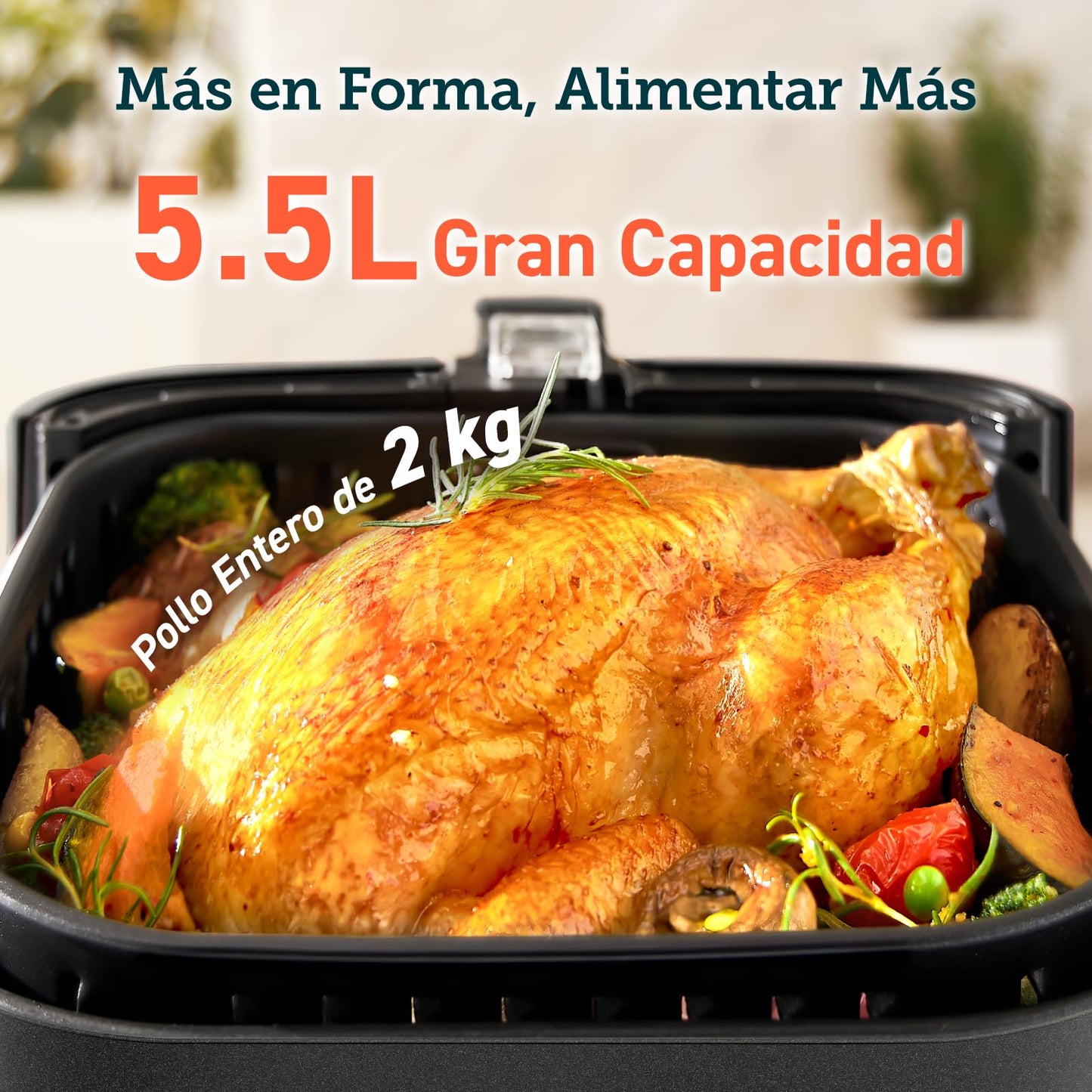 Cosori Freidora de Aire 5.5L, Interior Metรกlico, Calefacciรณn Uniforme, 100 Recetas, 1700W