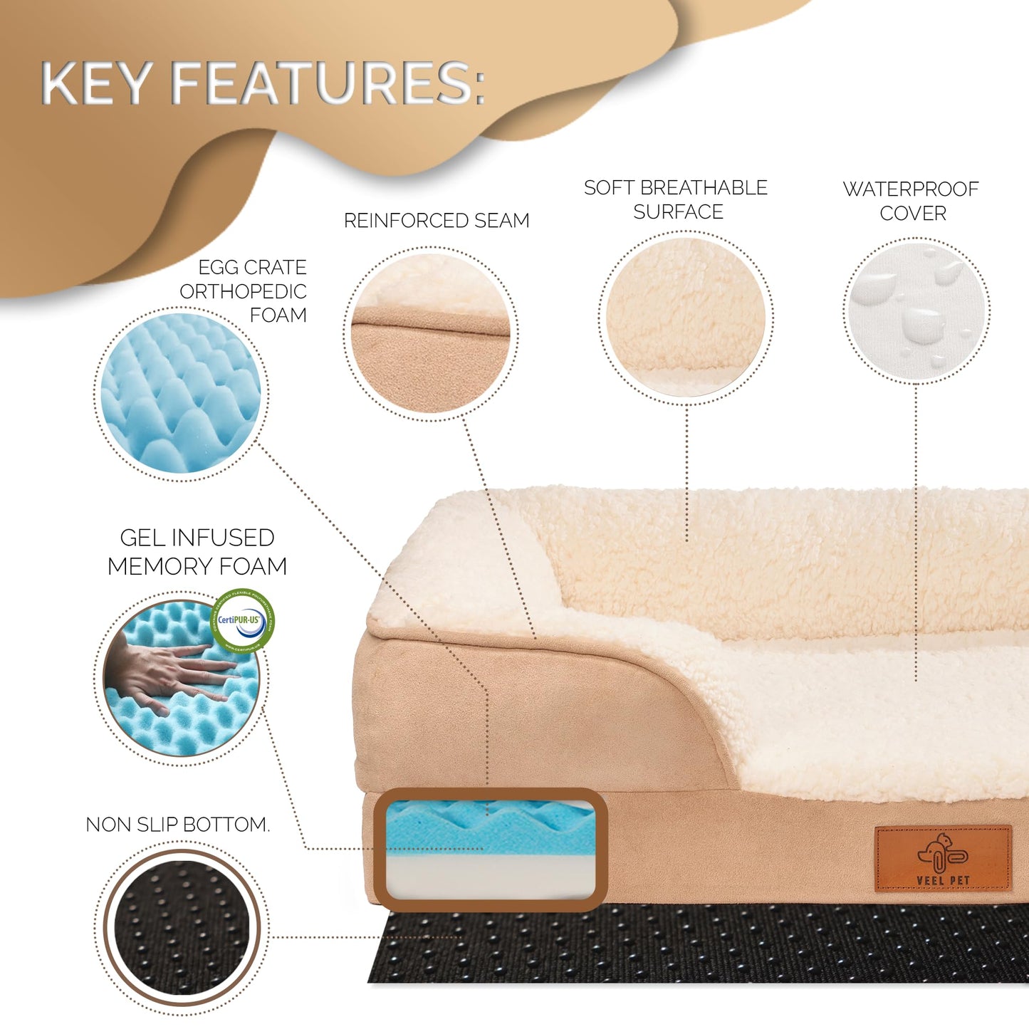 VEEL PET Cama Perro Pequeño, Espuma Memory Foam Viscoelástica, Ortopédica, Lavable, Funda Impermeable, Small