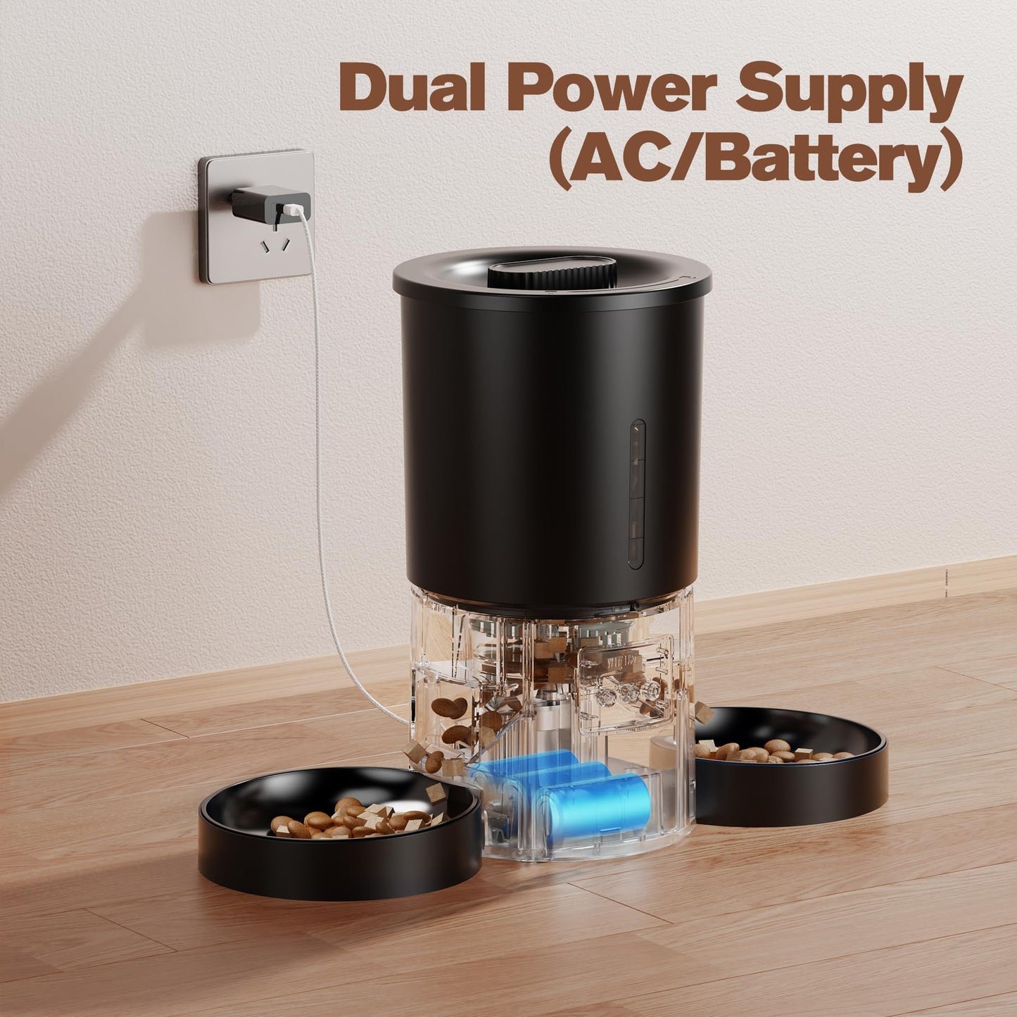 Comedero Gato Automático Doble & App, 5L Dispensador con WiFi 2.4G y Temporizador, para Múltiples Gatos/Perros, Negro