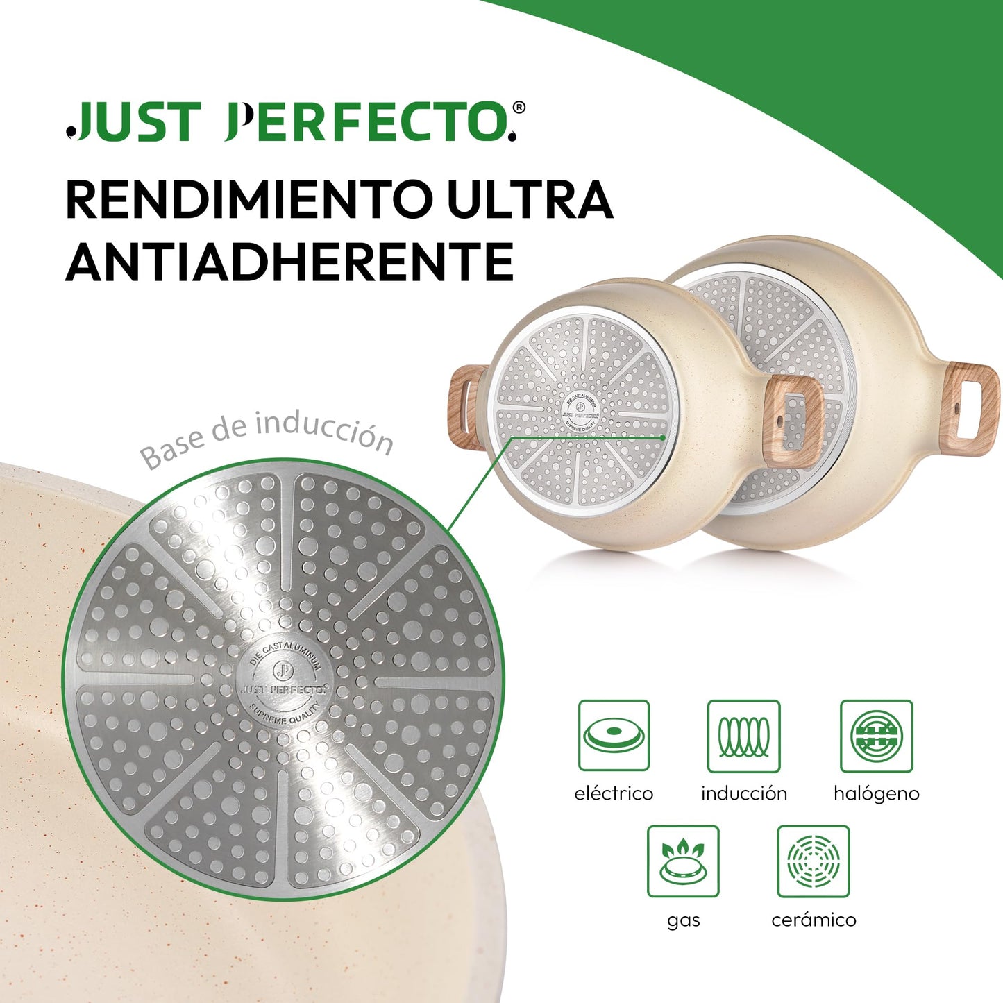 JUST PERFECTO Batería de Cocina 15 Piezas, Inducción, Antiadherente, Libre de PTFE/PFOA, Beige