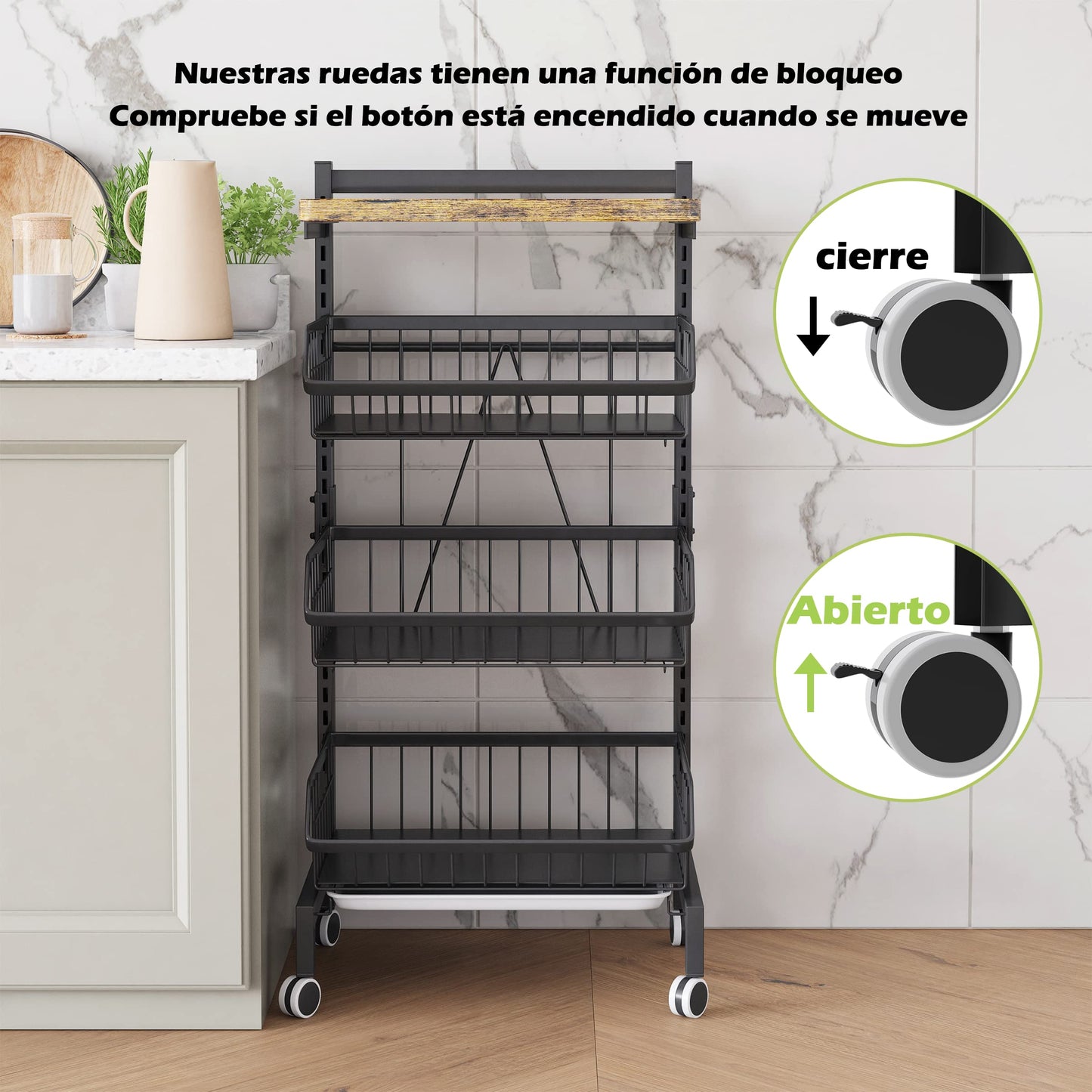 COVAODQ Carrito Cocina, Carro 4 Niveles, con Cesta y Ruedas Bloqueables, para Hogar/Restaurante (Tabla de Madera)