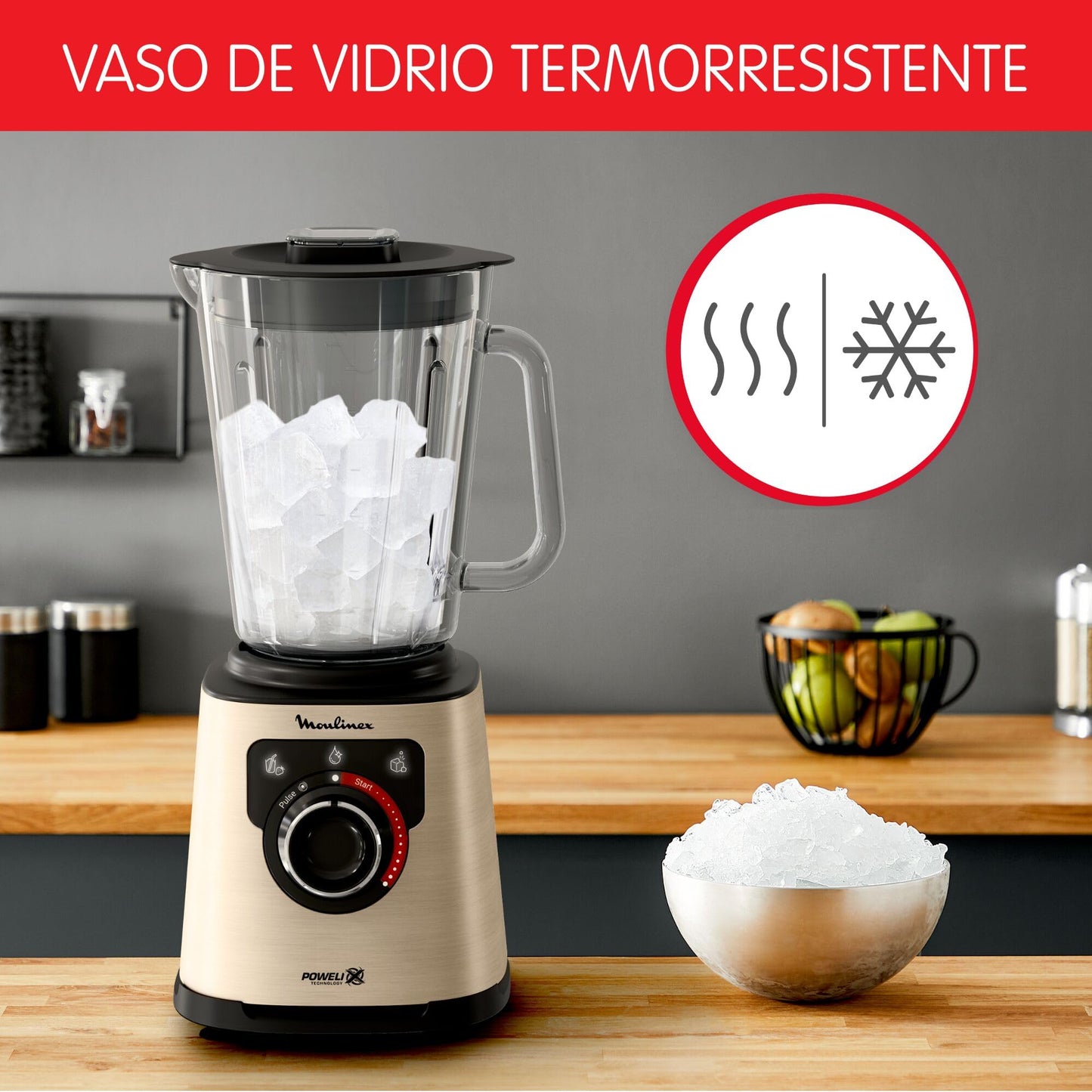 Moulinex Perfect Mix + Batidora de Vaso (1200 W), Cuchillas Powelix, Capacidad 2 L, Sistema de Refrigeración, Tritura Hielo, Limpieza Automática