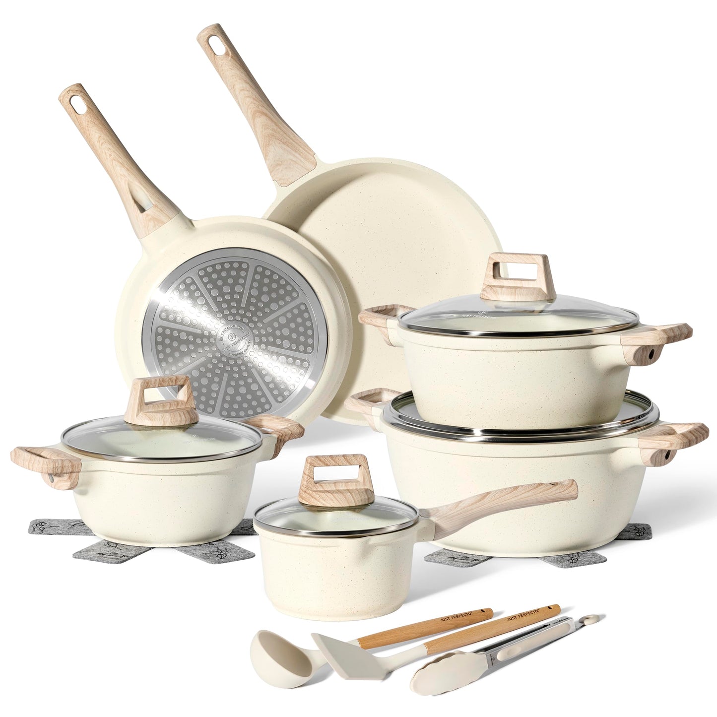 JUST PERFECTO Batería de Cocina 15 Piezas, Inducción, Antiadherente, Libre de PTFE/PFOA, Beige