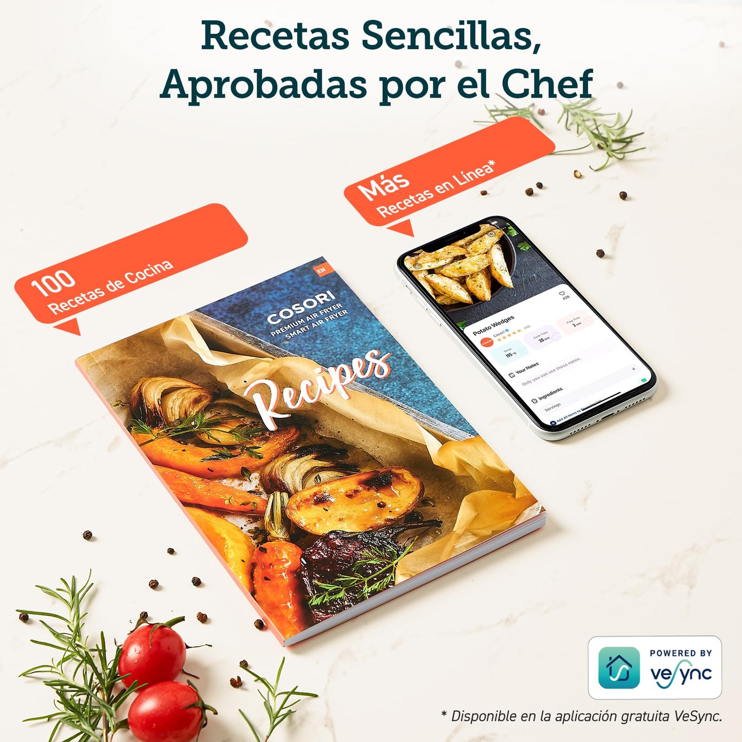 Cosori Freidora de Aire 5.5L, Interior Metรกlico, Calefacciรณn Uniforme, 100 Recetas, 1700W