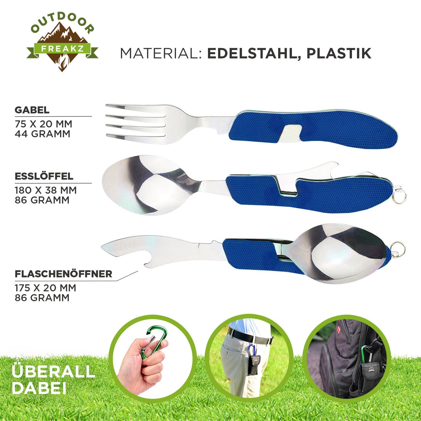 OUTDOOR FREAKZ Cubiertos Plegables para Cámping, Acero Inoxidable, con Bolsa de Neopreno