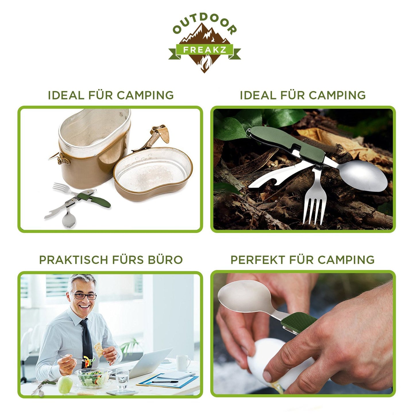 OUTDOOR FREAKZ Cubiertos Plegables para Cámping, Acero Inoxidable, con Bolsa de Neopreno