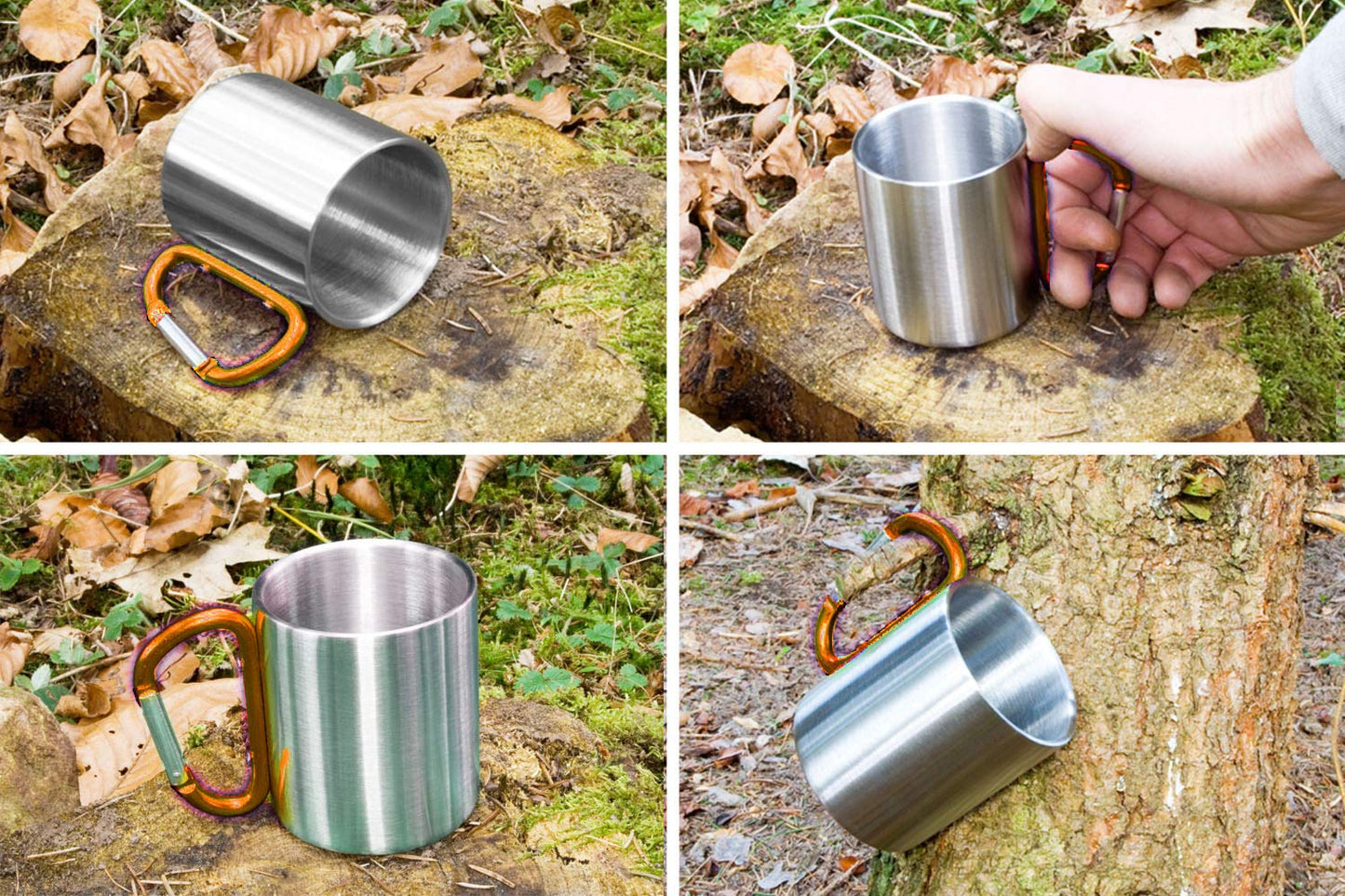 Outdoor Saxx® Taza de Camping Resistente, Acero Inoxidable, Mango de Mosquetón, 250 ml (Plata/Naranja)