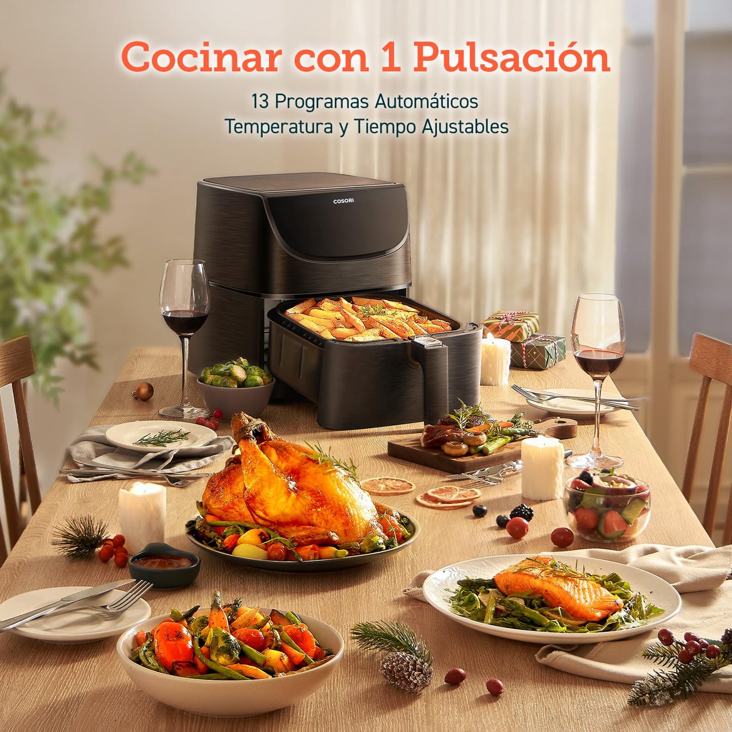 Cosori Freidora de Aire 5.5L, Interior Metรกlico, Calefacciรณn Uniforme, 100 Recetas, 1700W