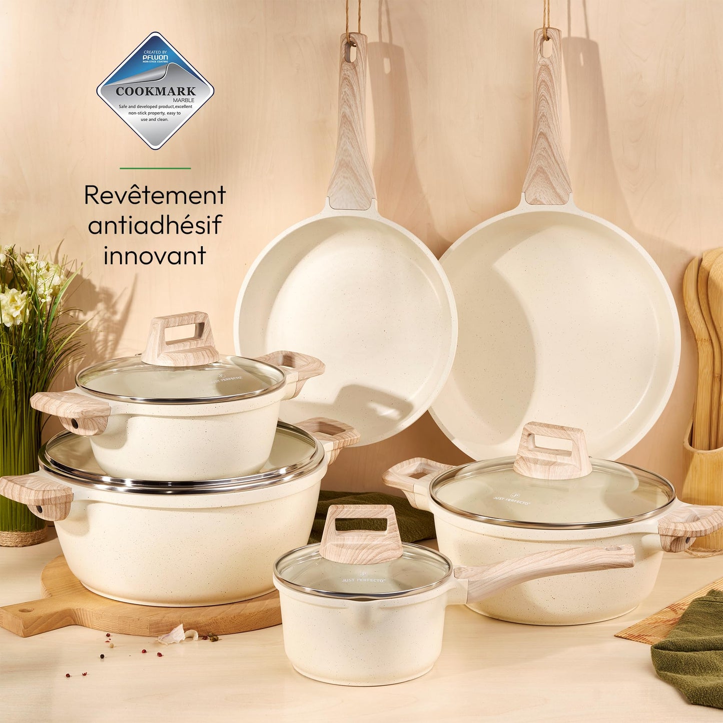JUST PERFECTO Batería de Cocina 15 Piezas, Inducción, Antiadherente, Libre de PTFE/PFOA, Beige
