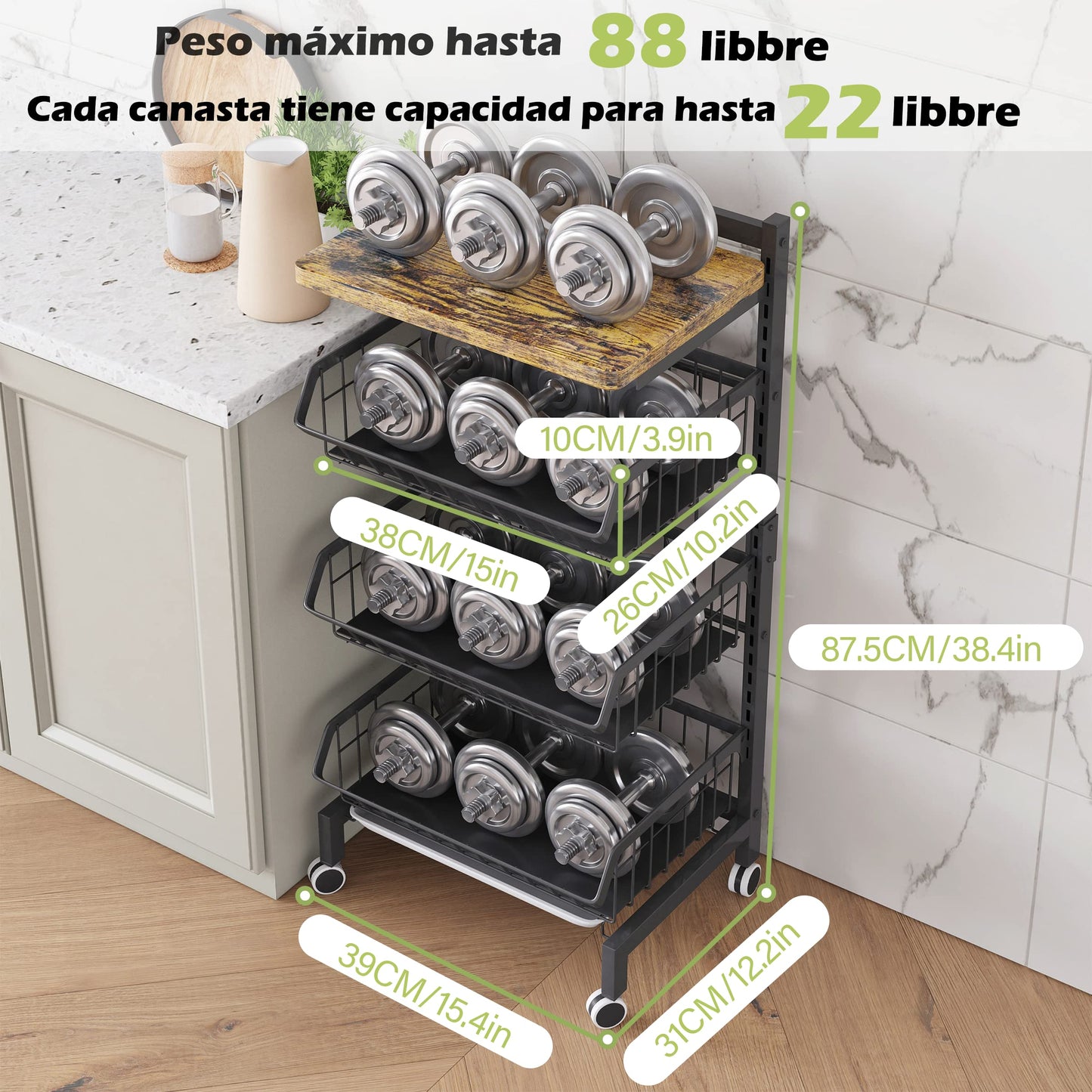 COVAODQ Carrito Cocina, Carro 4 Niveles, con Cesta y Ruedas Bloqueables, para Hogar/Restaurante (Tabla de Madera)