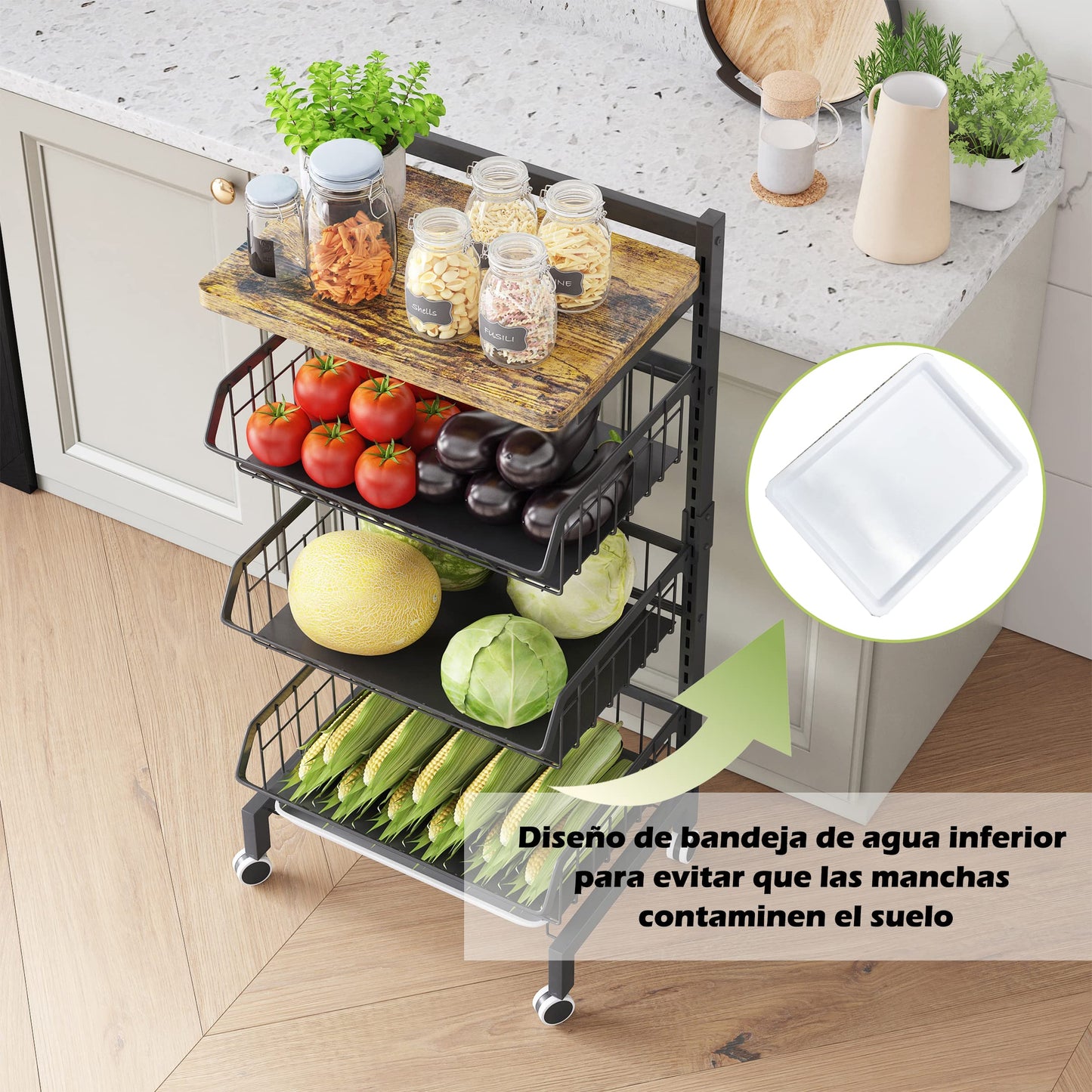 COVAODQ Carrito Cocina, Carro 4 Niveles, con Cesta y Ruedas Bloqueables, para Hogar/Restaurante (Tabla de Madera)