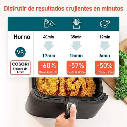 Cosori Freidora de Aire 5.5L, Interior Metálico, Calefacción Uniforme, 100 Recetas, 1700W