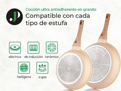 JUST PERFECTO Batería de Cocina 15 Piezas, Inducción, Antiadherente, Libre de PTFE/PFOA, Beige