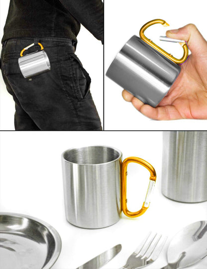 Outdoor Saxx® Taza de Camping Resistente, Acero Inoxidable, Mango de Mosquetón, 250 ml (Plata/Naranja)