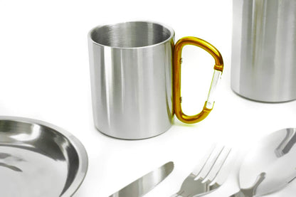 Outdoor Saxx® Taza de Camping Resistente, Acero Inoxidable, Mango de Mosquetón, 250 ml (Plata/Naranja)