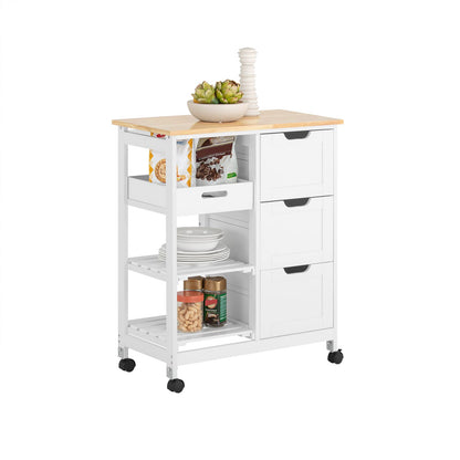 SoBuy Carro de Almacenamiento/Mueble Auxiliar de Cocina, Carrito de Servir, con 3 Cajones y 3 Estantes, Blanco, 68 x 38 x 85 cm