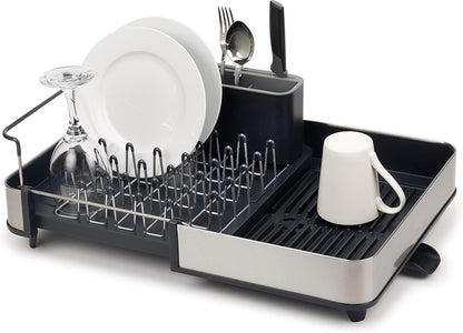 Joseph Joseph Escurridor Extensible en Acero Inoxidable, para Platos y Cubiertos, Bandeja de Drenaje Extraíble, Gris/Carbón
