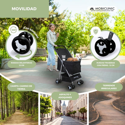 Mobiclinic® pets Carrito Plegable (Zuma), para Perros Pequeños/Senior, Hasta 15 kg, Ruedas 360º con Frenos, Cesta XXL, Negro