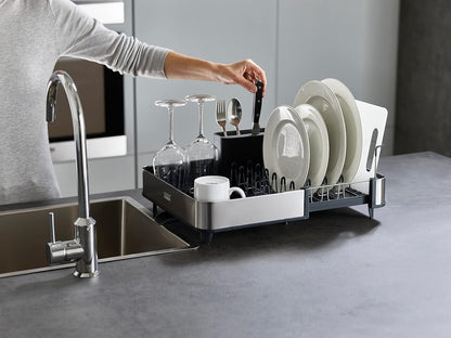 Joseph Joseph Escurridor Extensible en Acero Inoxidable, para Platos y Cubiertos, Bandeja de Drenaje Extraíble, Gris/Carbón