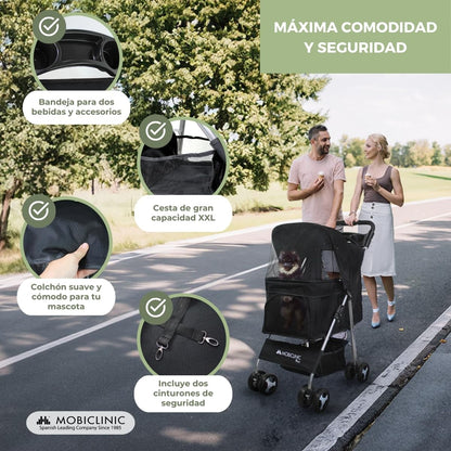 Mobiclinic® pets Carrito Plegable (Zuma), para Perros Pequeños/Senior, Hasta 15 kg, Ruedas 360º con Frenos, Cesta XXL, Negro