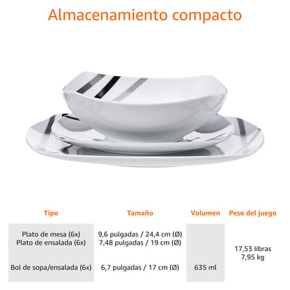 Vajilla 18 Unidades, Líneas Modernas, 6 Servicios