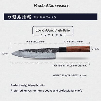 MITSUMOTO SAKARI Cuchillo Gyuto (20 cm), Japonés, Acero Alto Carbono, Forjado a Mano