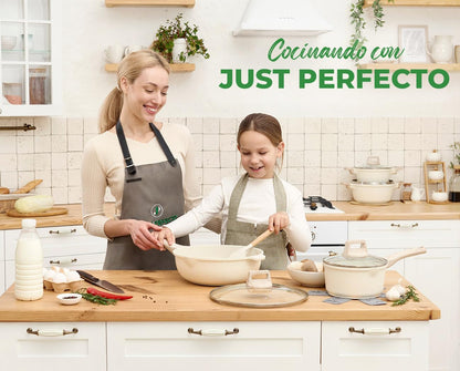 JUST PERFECTO Batería de Cocina 15 Piezas, Inducción, Antiadherente, Libre de PTFE/PFOA, Beige