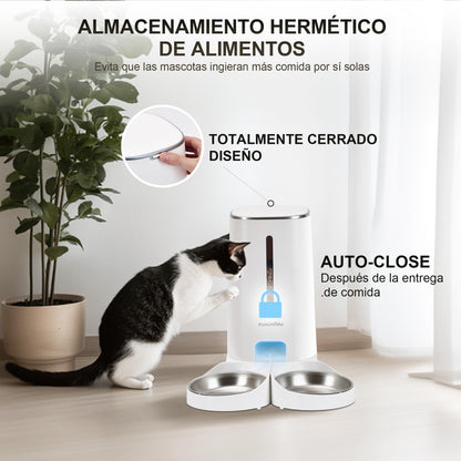 FUKUMARU Comedero Automático WiFi, 4L, con Dos Cuencos, Programa Personalizado, Funciona con Pilas/Cable Eléctrico, Blanco