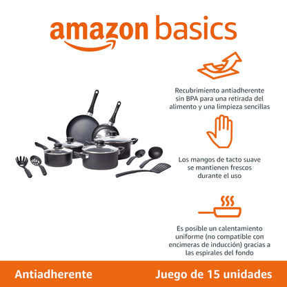 Juego de Utensilios de Cocina Antiadherentes, 15 Piezas, Negro