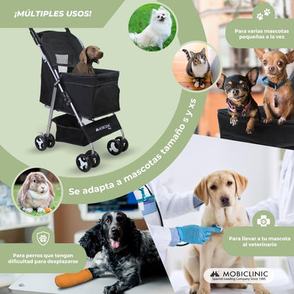 Mobiclinic® pets Carrito Plegable (Zuma), para Perros Pequeños/Senior, Hasta 15 kg, Ruedas 360º con Frenos, Cesta XXL, Negro