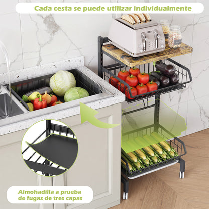COVAODQ Carrito Cocina, Carro 4 Niveles, con Cesta y Ruedas Bloqueables, para Hogar/Restaurante (Tabla de Madera)