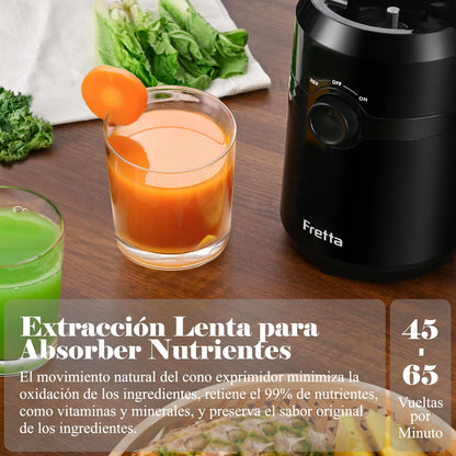 Fretta Extractor de Zumos (Licuadora Prensado en Frío), Apertura 108MM, 1L, 200W Slow Juicer, Fácil Limpieza, Negro