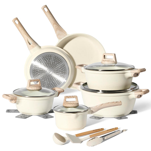 JUST PERFECTO Batería de Cocina 15 Piezas, Inducción, Antiadherente, Libre de PTFE/PFOA, Beige