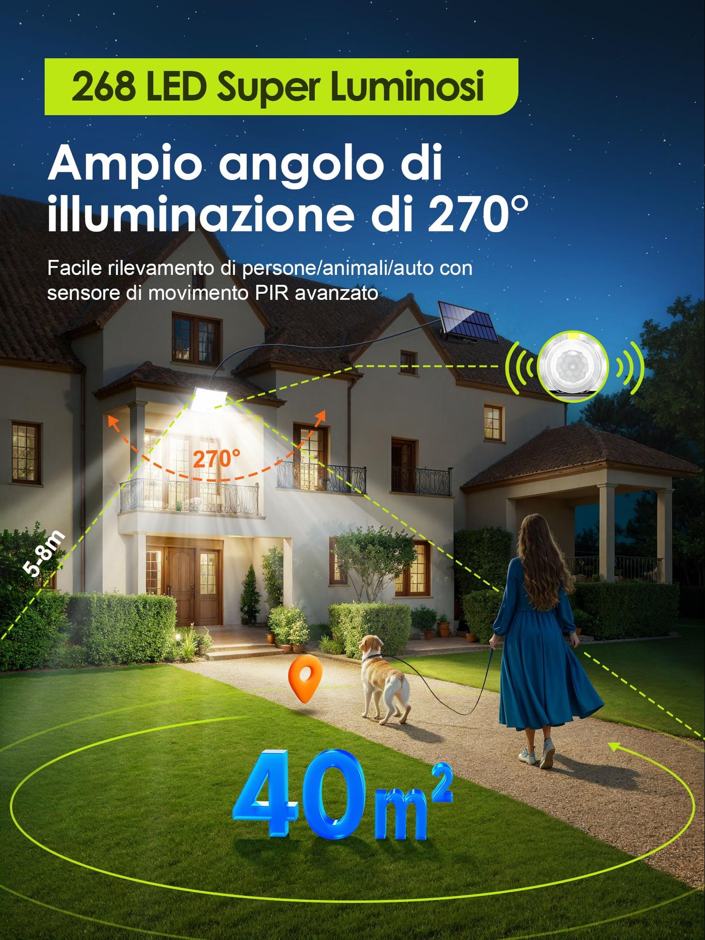 COOLNIGHT Focos Solares Led Exterior, 268 LED, 5 Modos, Control Remoto, IP65, Sensor de Movimiento