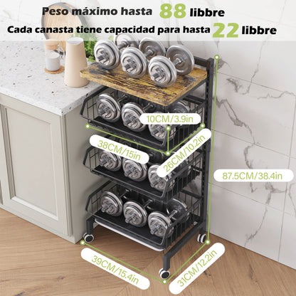COVAODQ Carrito Cocina, Carro 4 Niveles, con Cesta y Ruedas Bloqueables, para Hogar/Restaurante (Tabla de Madera)